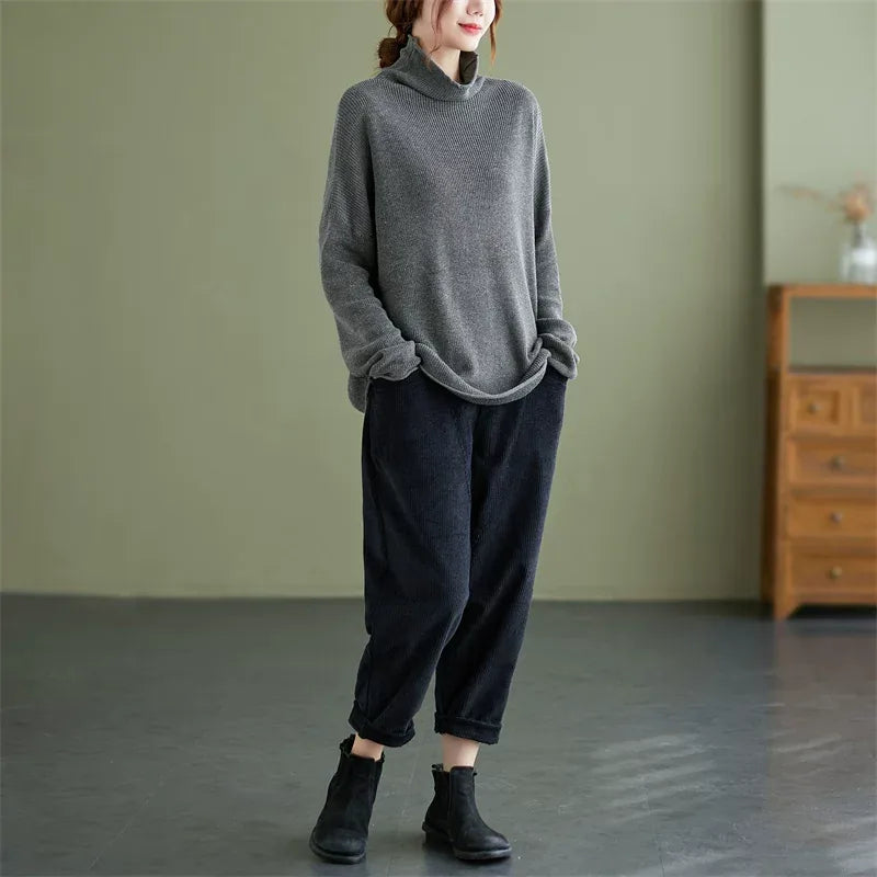 Oversized Ribbed Turtleneck Drop Shoulder Sweater