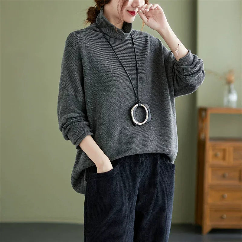 Oversized Ribbed Turtleneck Drop Shoulder Sweater