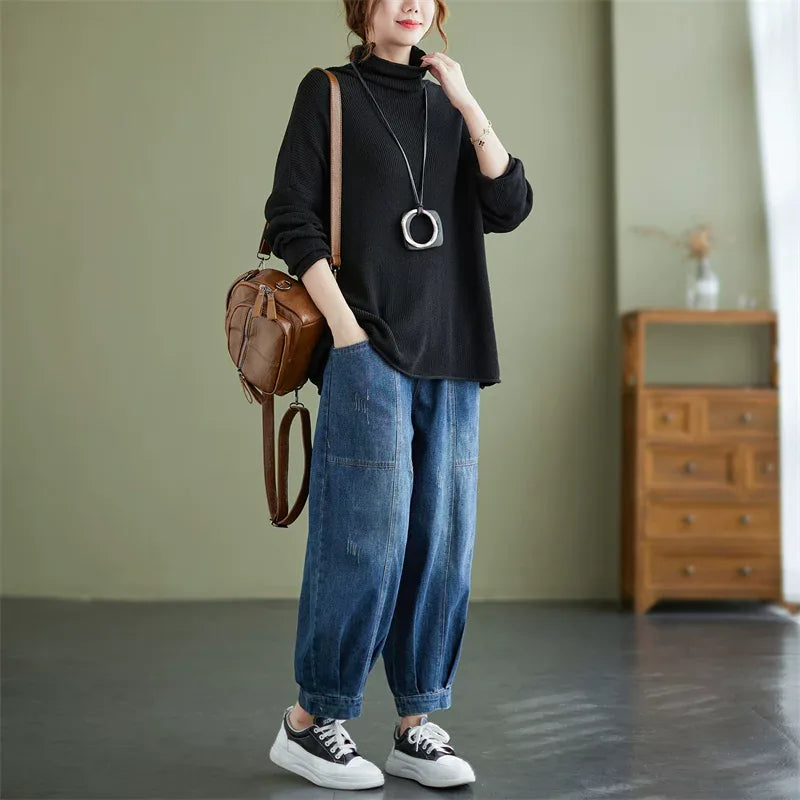 Oversized Ribbed Turtleneck Drop Shoulder Sweater