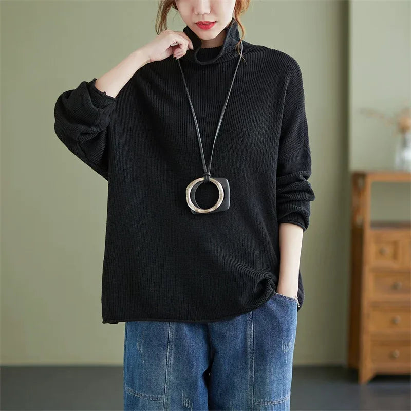 Oversized Ribbed Turtleneck Drop Shoulder Sweater