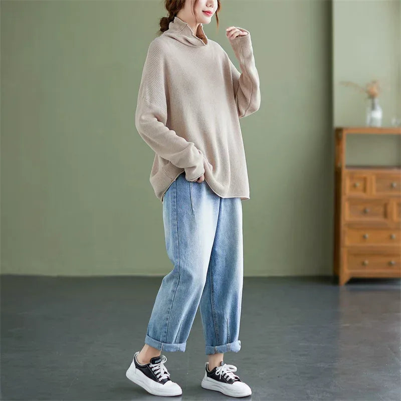 Oversized Ribbed Turtleneck Drop Shoulder Sweater