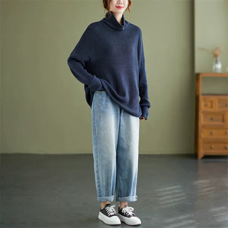 Oversized Ribbed Turtleneck Drop Shoulder Sweater