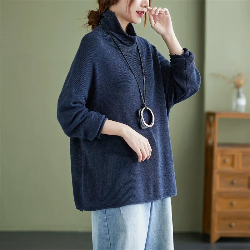 Oversized Ribbed Turtleneck Drop Shoulder Sweater