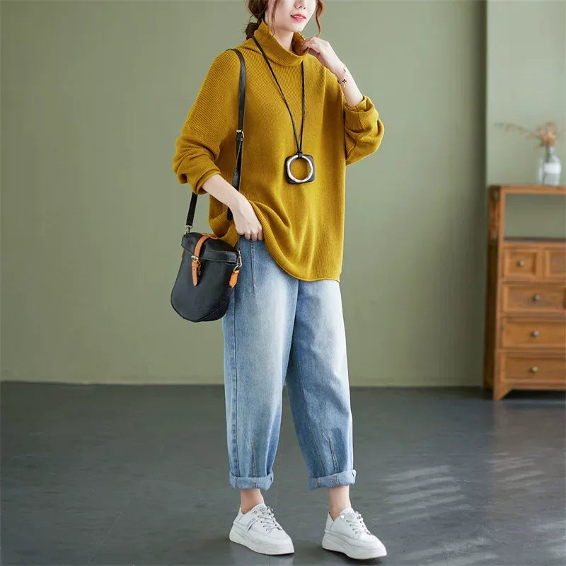 Oversized Ribbed Turtleneck Drop Shoulder Sweater