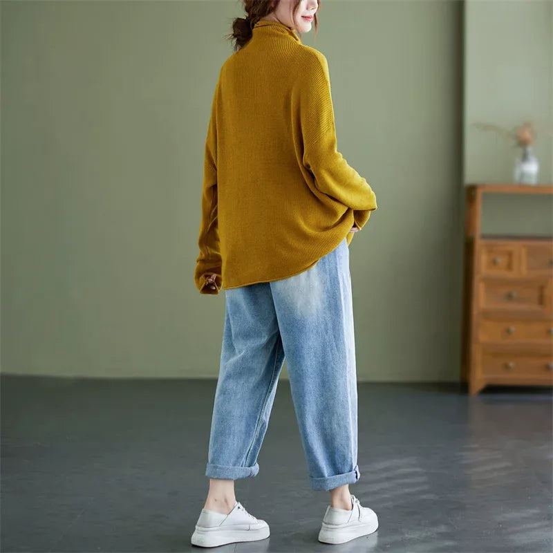 Oversized Ribbed Turtleneck Drop Shoulder Sweater