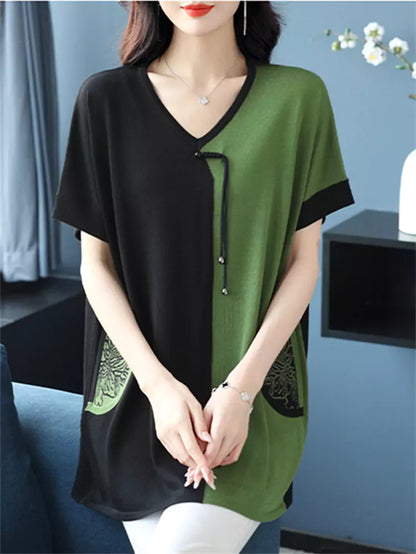Silk Blend Color Block V-neck Mid-Length T-shirt