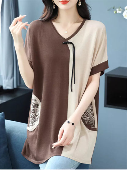 Silk Blend Color Block V-neck Mid-Length T-shirt