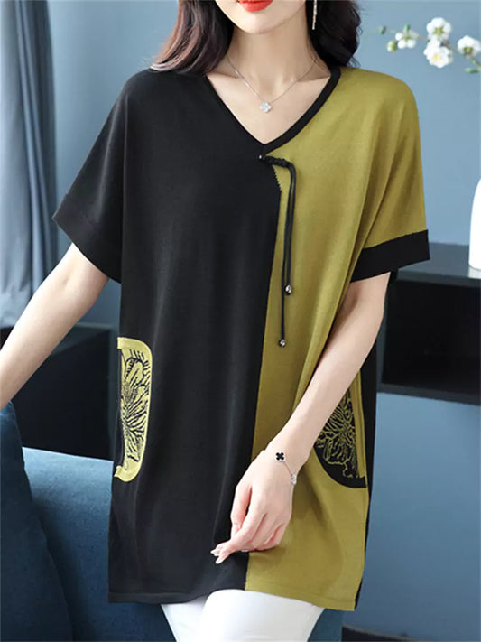 Silk Blend Color Block V-neck Mid-Length T-shirt