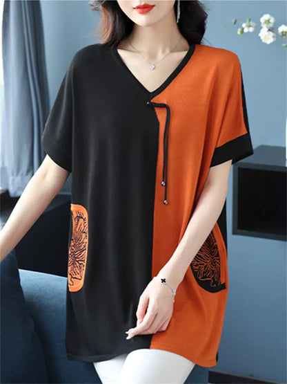 Silk Blend Color Block V-neck Mid-Length T-shirt