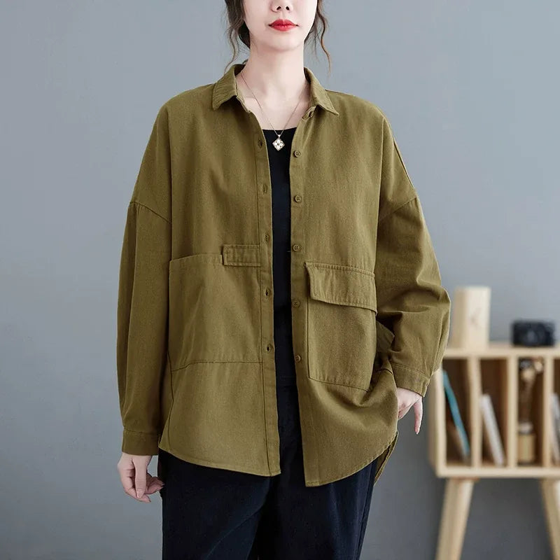 Oversized Utility Shirt with Flap Pockets and High-Low Hem