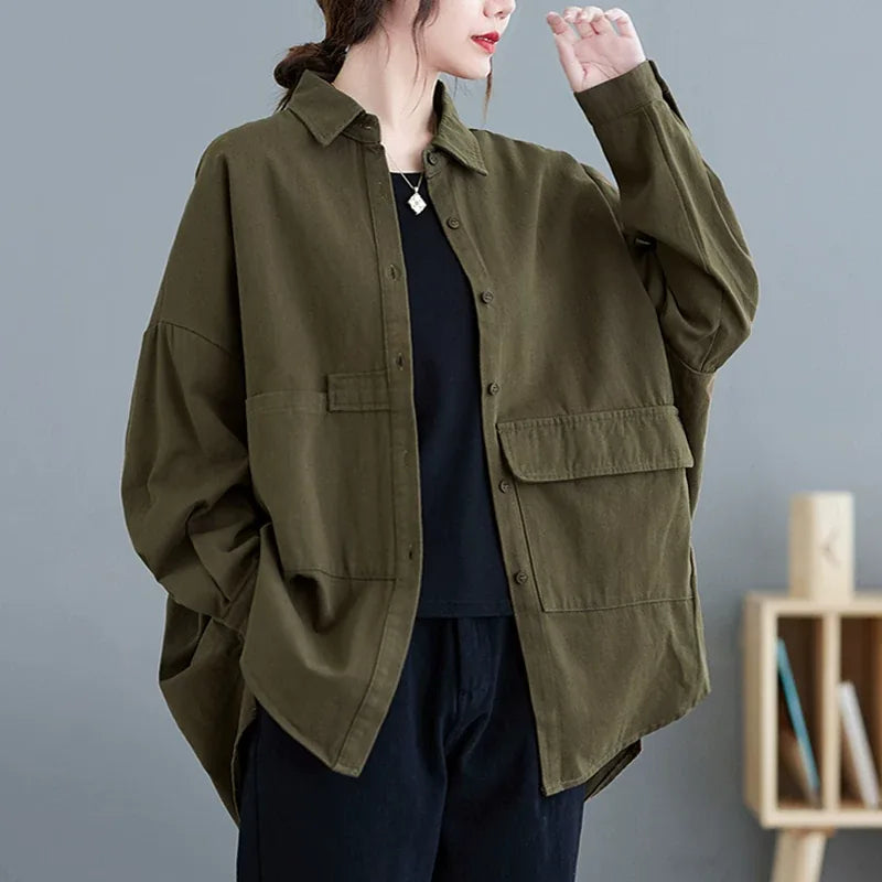 Oversized Utility Shirt with Flap Pockets and High-Low Hem
