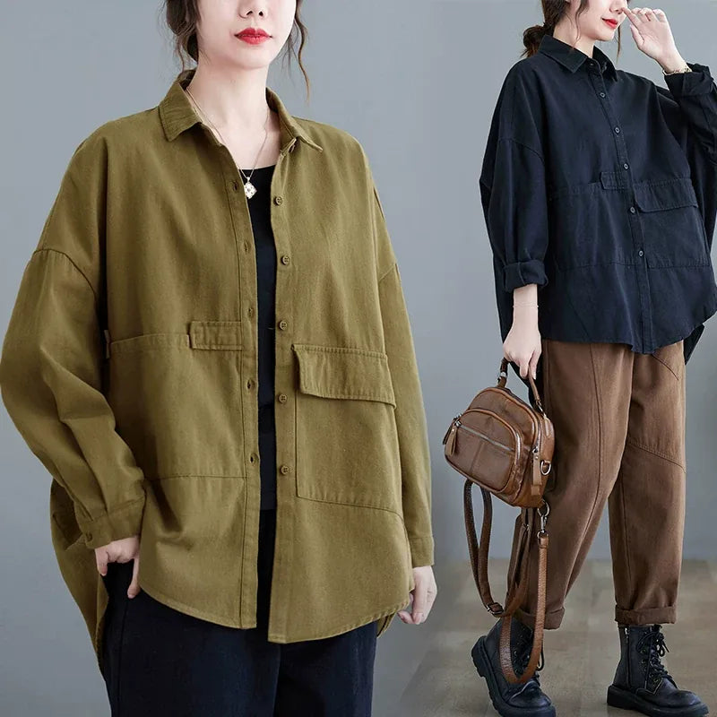 Oversized Utility Shirt with Flap Pockets and High-Low Hem