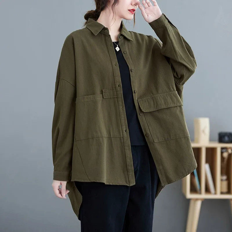Oversized Utility Shirt with Flap Pockets and High-Low Hem