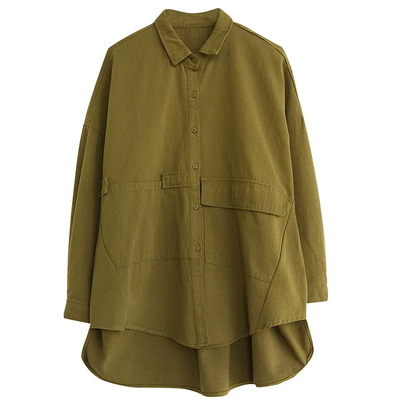 Oversized Utility Shirt with Flap Pockets and High-Low Hem