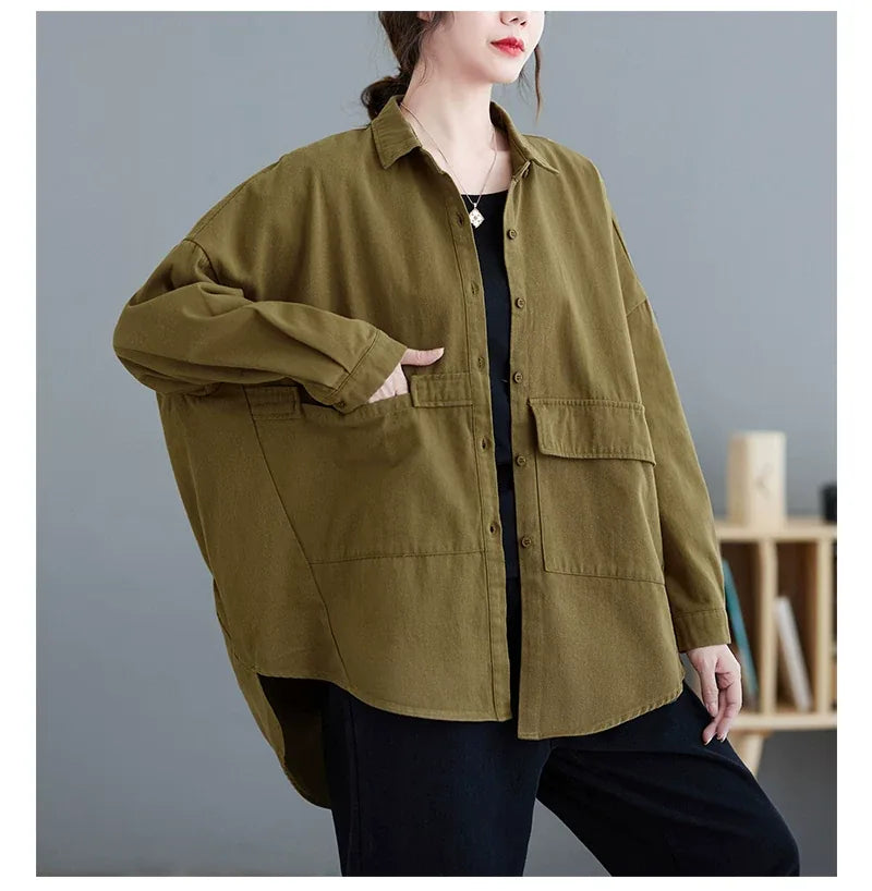 Oversized Utility Shirt with Flap Pockets and High-Low Hem