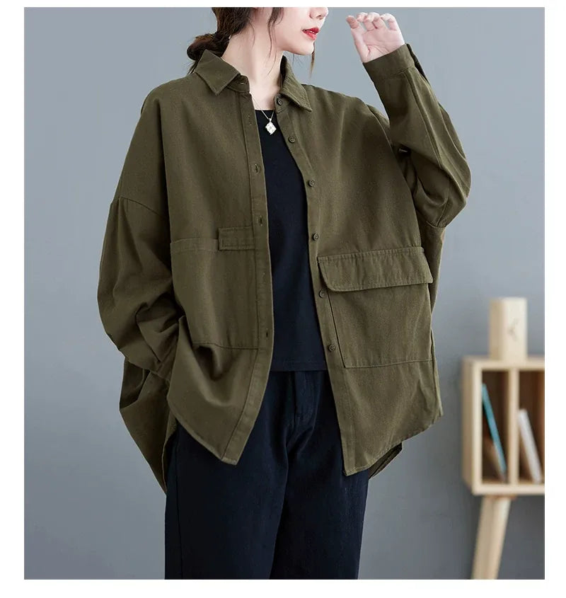 Oversized Utility Shirt with Flap Pockets and High-Low Hem