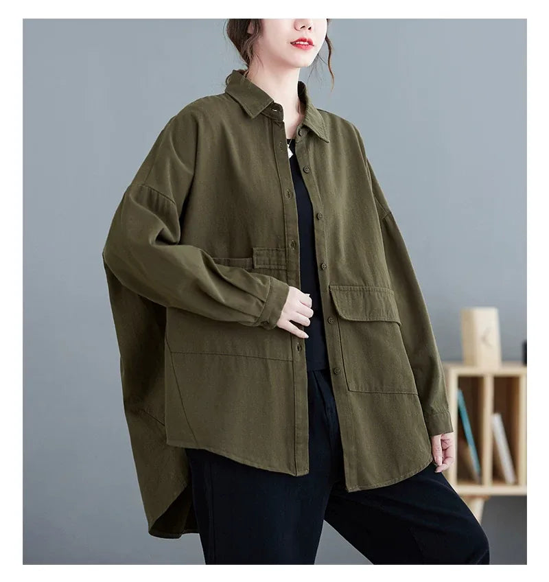 Oversized Utility Shirt with Flap Pockets and High-Low Hem