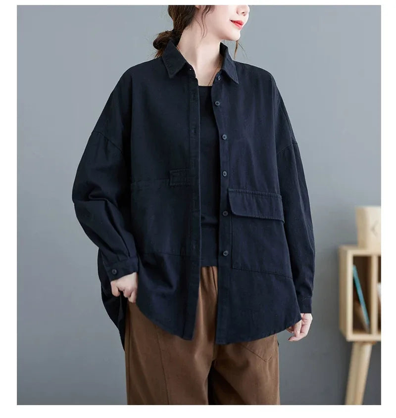 Oversized Utility Shirt with Flap Pockets and High-Low Hem