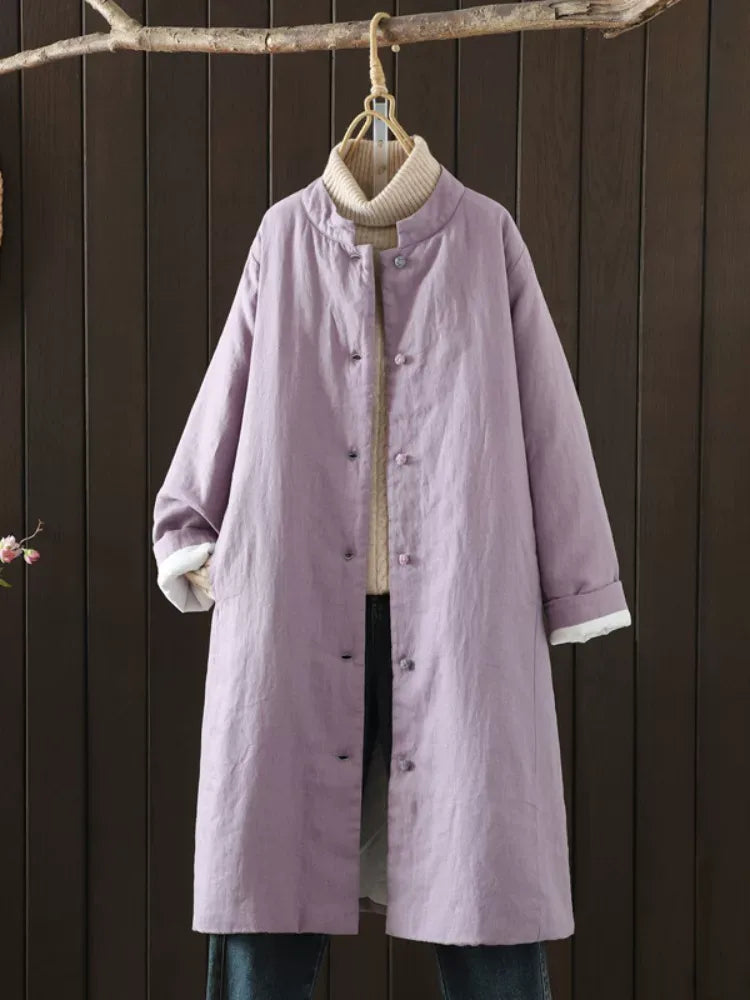 Padded Coat with Stand Collar and Contrast Cuff Trim