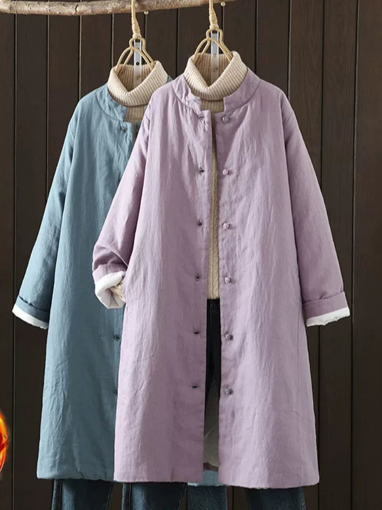 Padded Coat with Stand Collar and Contrast Cuff Trim