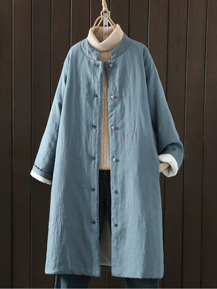 Padded Coat with Stand Collar and Contrast Cuff Trim