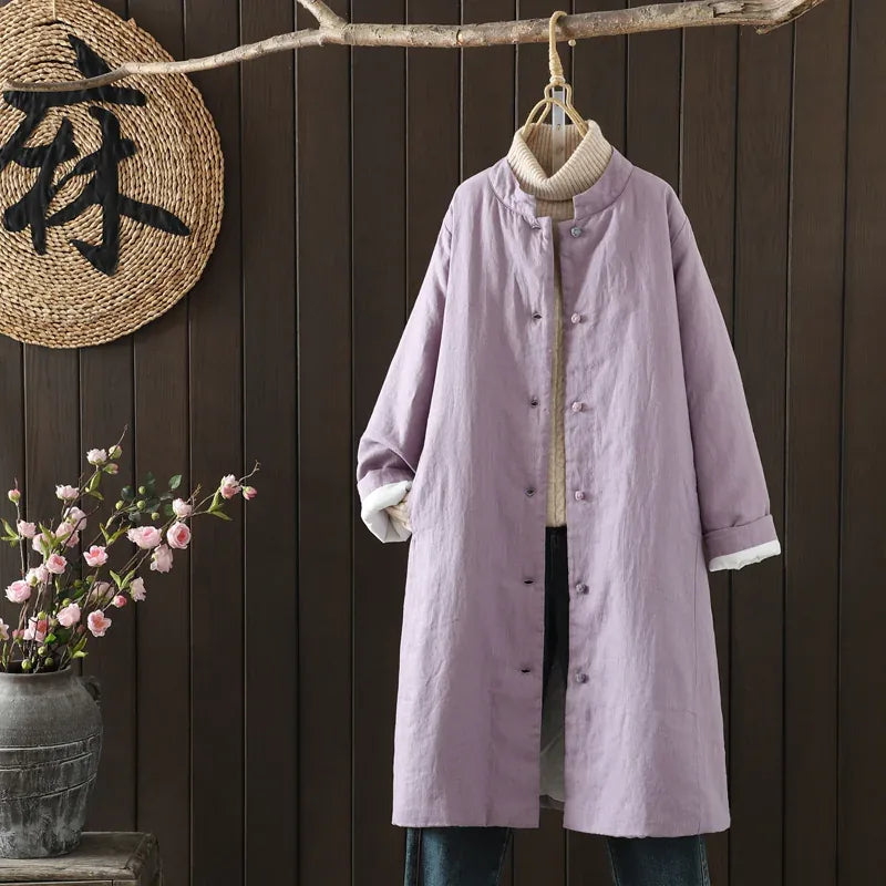 Padded Coat with Stand Collar and Contrast Cuff Trim - Purple