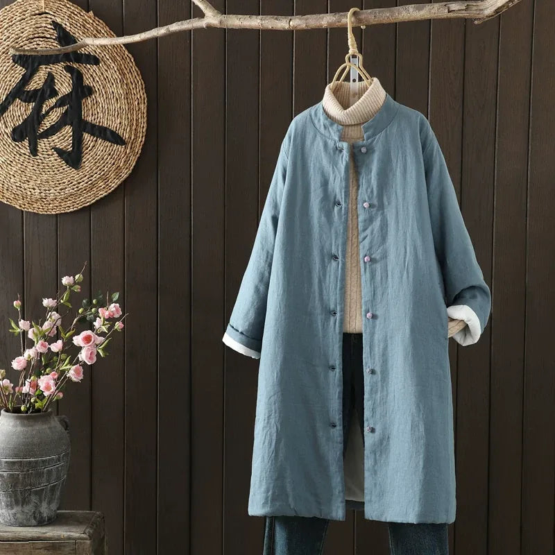 Padded Coat with Stand Collar and Contrast Cuff Trim - Blue