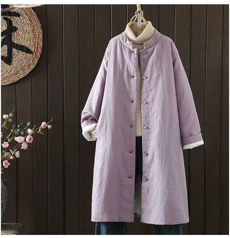 Padded Coat with Stand Collar and Contrast Cuff Trim