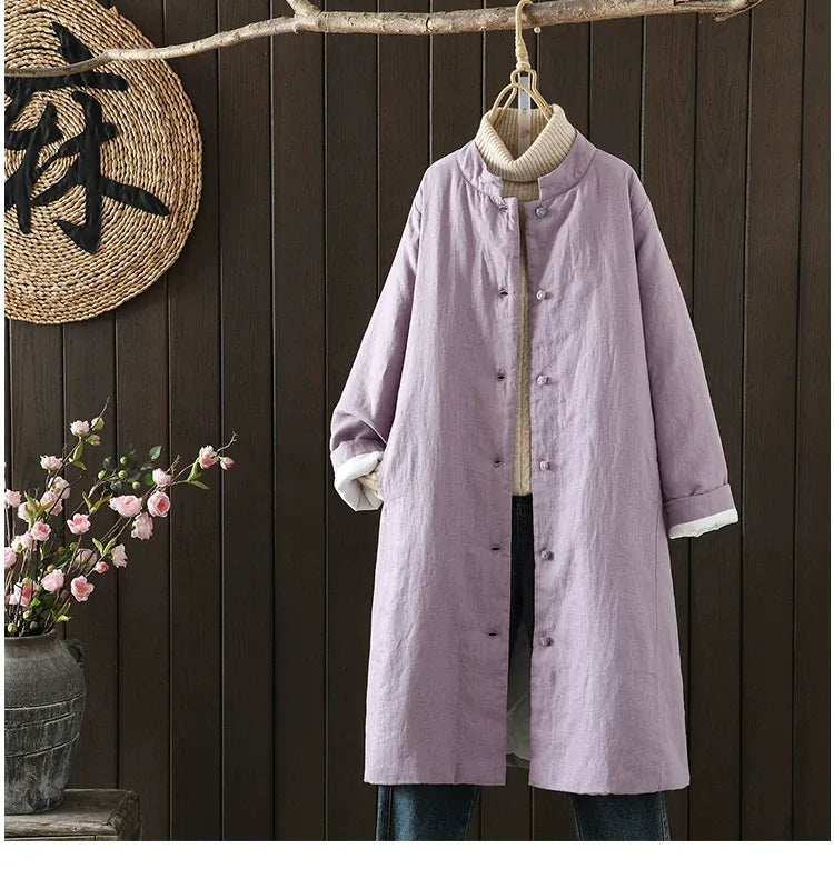 Padded Coat with Stand Collar and Contrast Cuff Trim