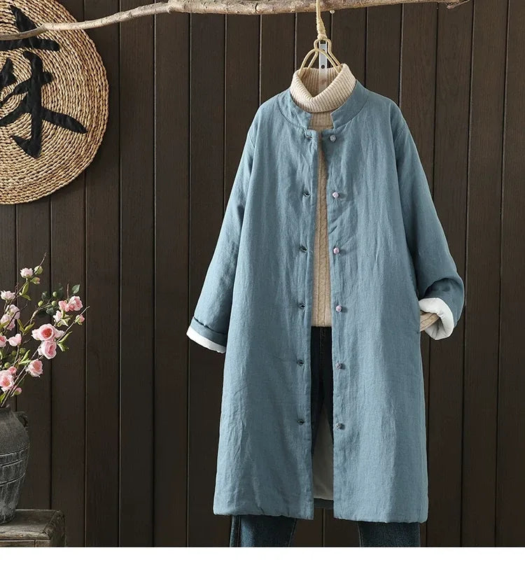 Padded Coat with Stand Collar and Contrast Cuff Trim