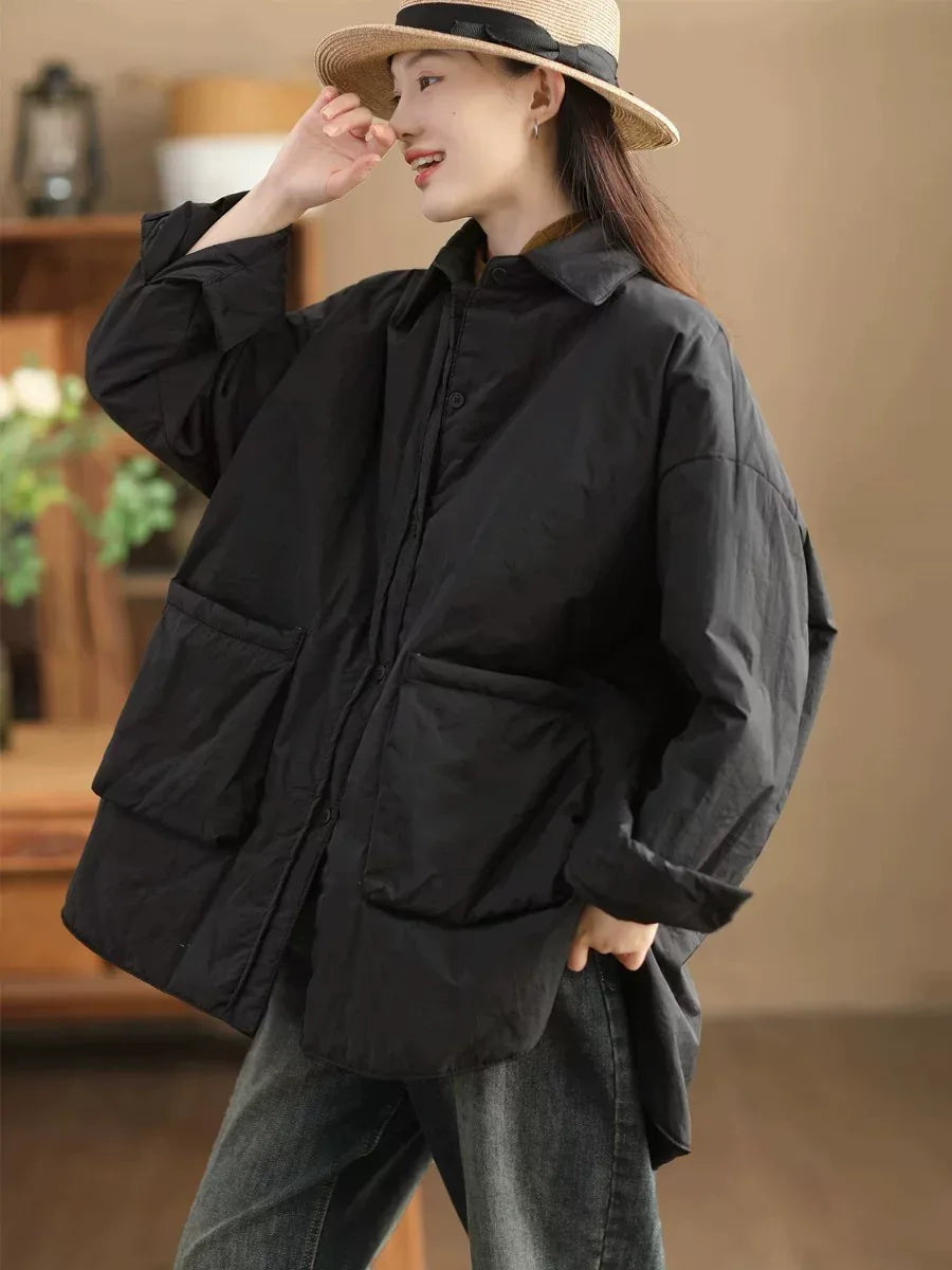 Padded Jacket with Stand Collar, Button Front & Patch Pockets