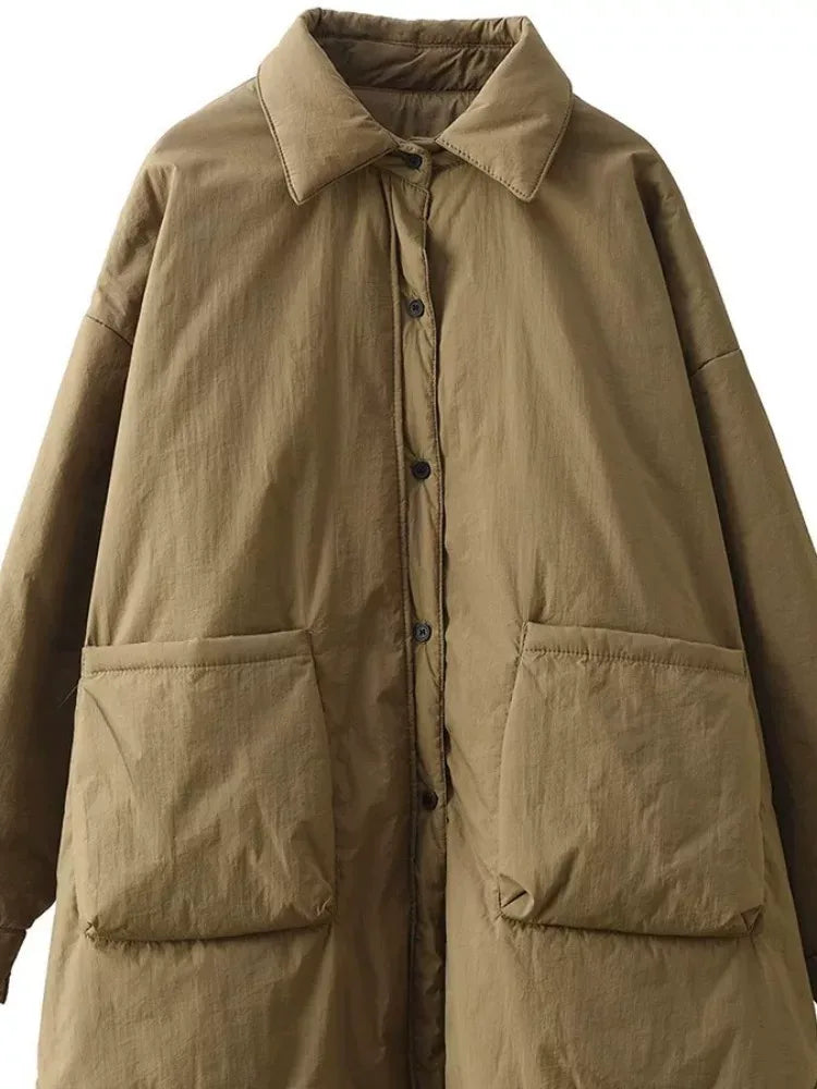 Padded Jacket with Stand Collar, Button Front & Patch Pockets