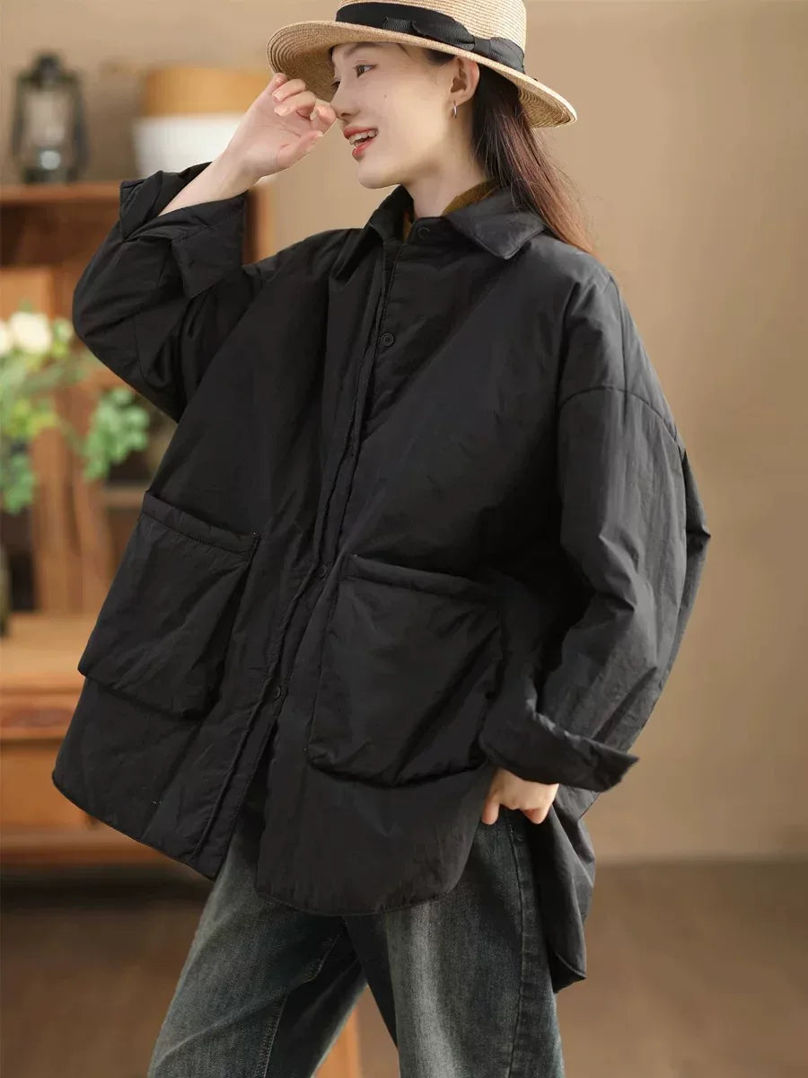 Padded Jacket with Stand Collar, Button Front & Patch Pockets - Black