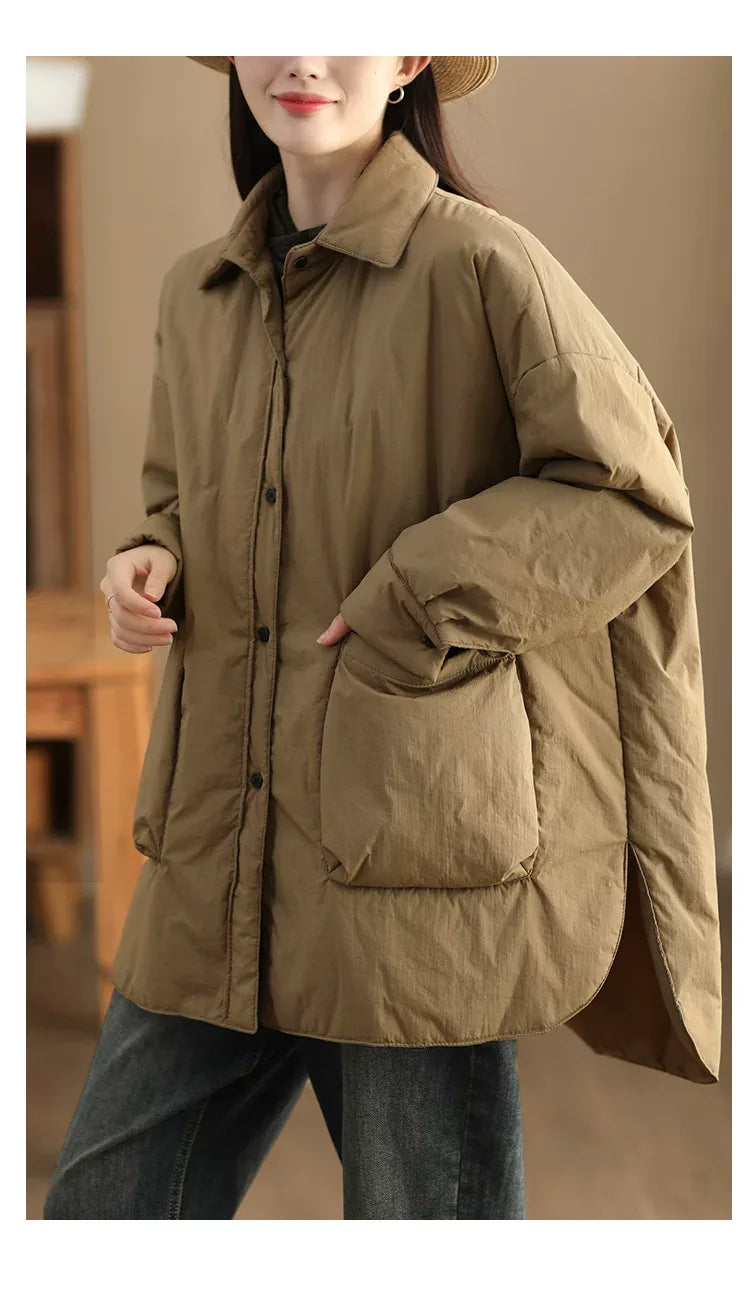 Padded Jacket with Stand Collar, Button Front & Patch Pockets