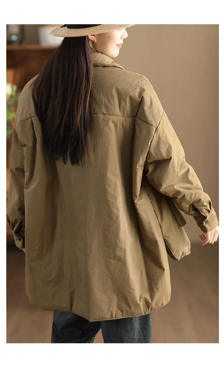 Padded Jacket with Stand Collar, Button Front & Patch Pockets