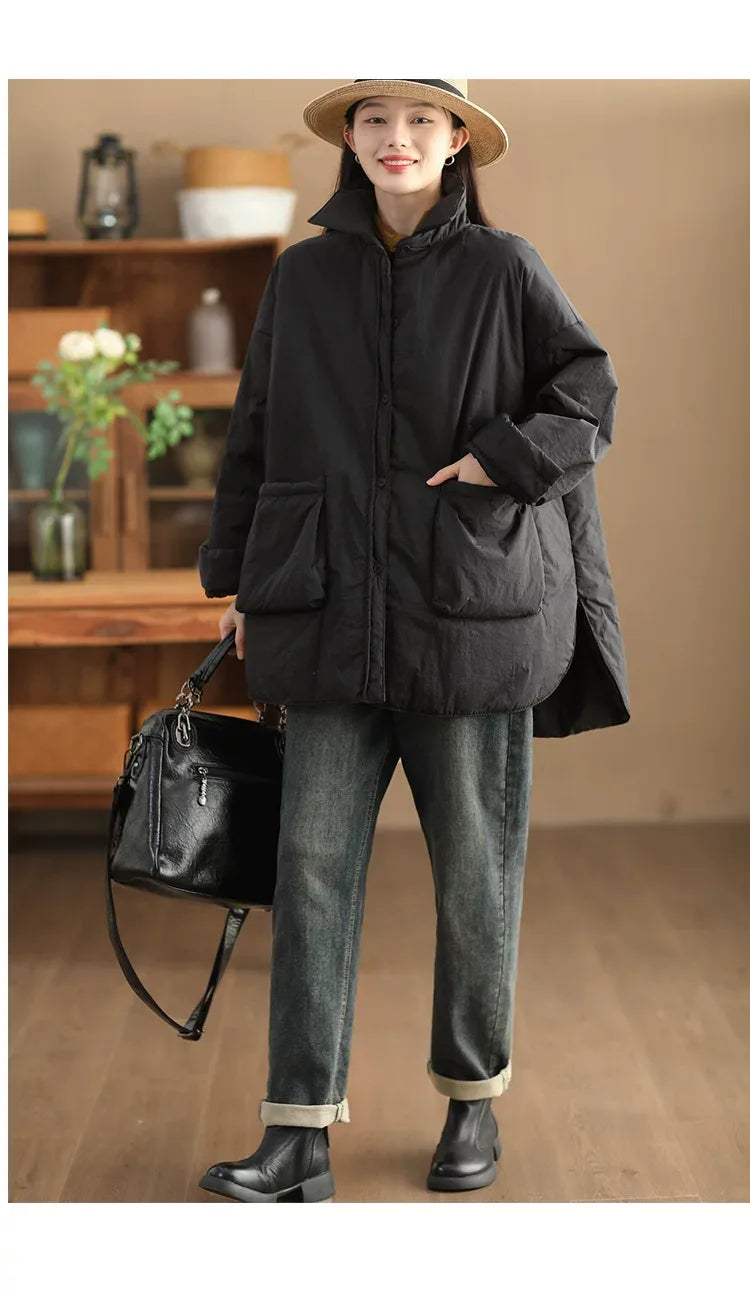 Padded Jacket with Stand Collar, Button Front & Patch Pockets