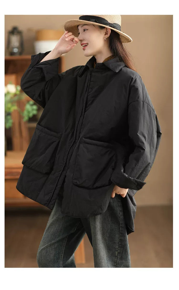 Padded Jacket with Stand Collar, Button Front & Patch Pockets