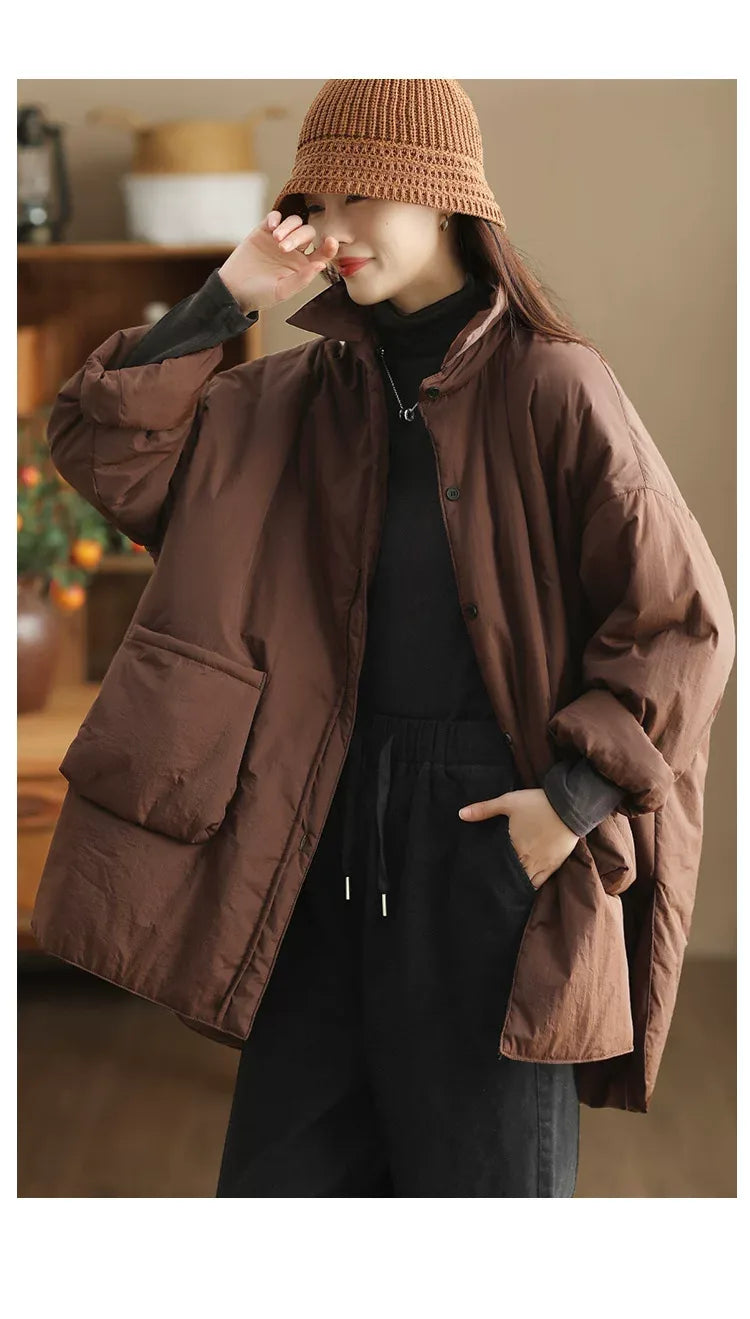 Padded Jacket with Stand Collar, Button Front & Patch Pockets