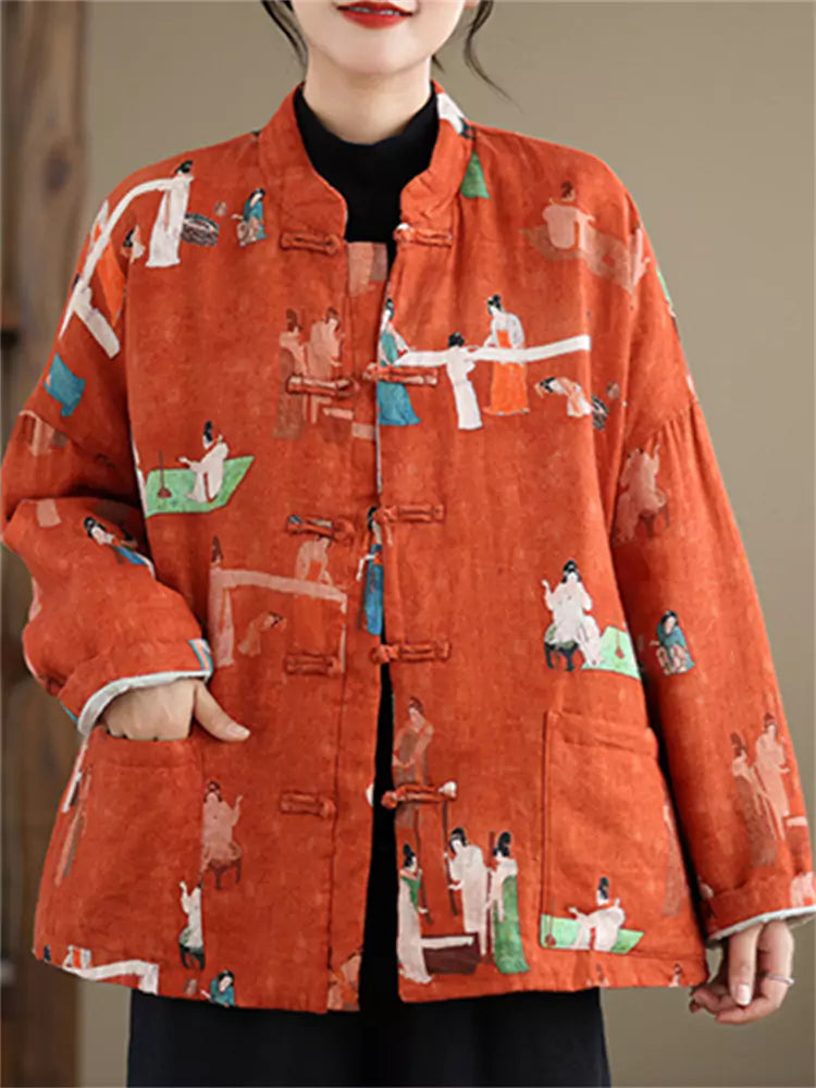 Padded Linen Coat with Ladies Pattern and Mandarin Collar