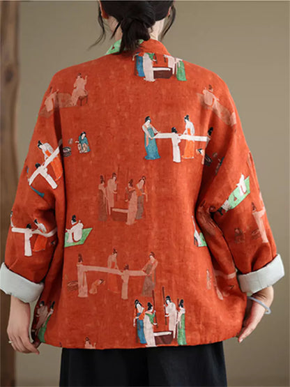 Wattierter Leinenmantel mit Damenmuster und Stehkragen