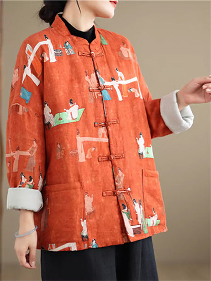 Wattierter Leinenmantel mit Damenmuster und Stehkragen