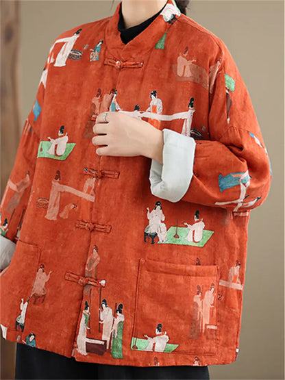 Wattierter Leinenmantel mit Damenmuster und Stehkragen