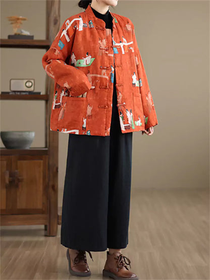 Wattierter Leinenmantel mit Damenmuster und Stehkragen