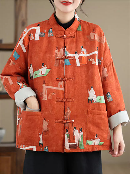 Wattierter Leinenmantel mit Damenmuster und Stehkragen