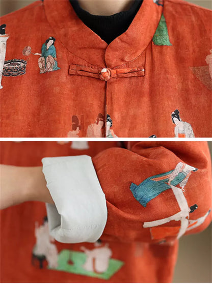 Wattierter Leinenmantel mit Damenmuster und Stehkragen