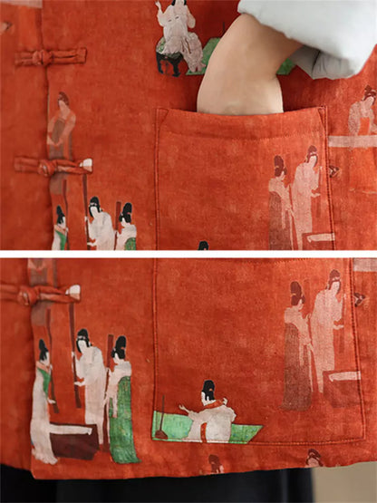 Wattierter Leinenmantel mit Damenmuster und Stehkragen