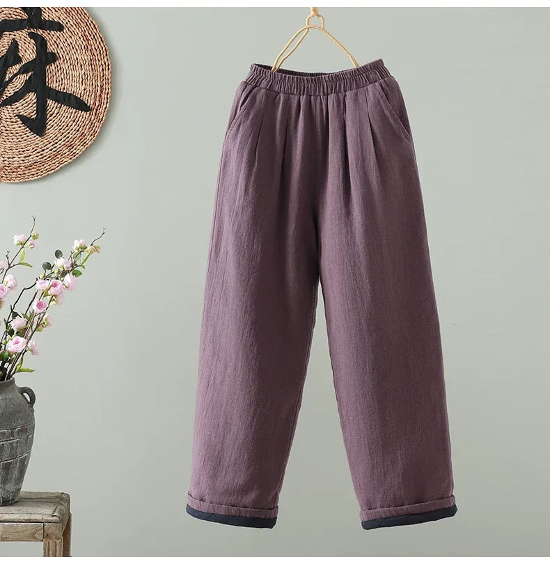 Padded Wide-Leg Pants with Turned-Up Cuffs