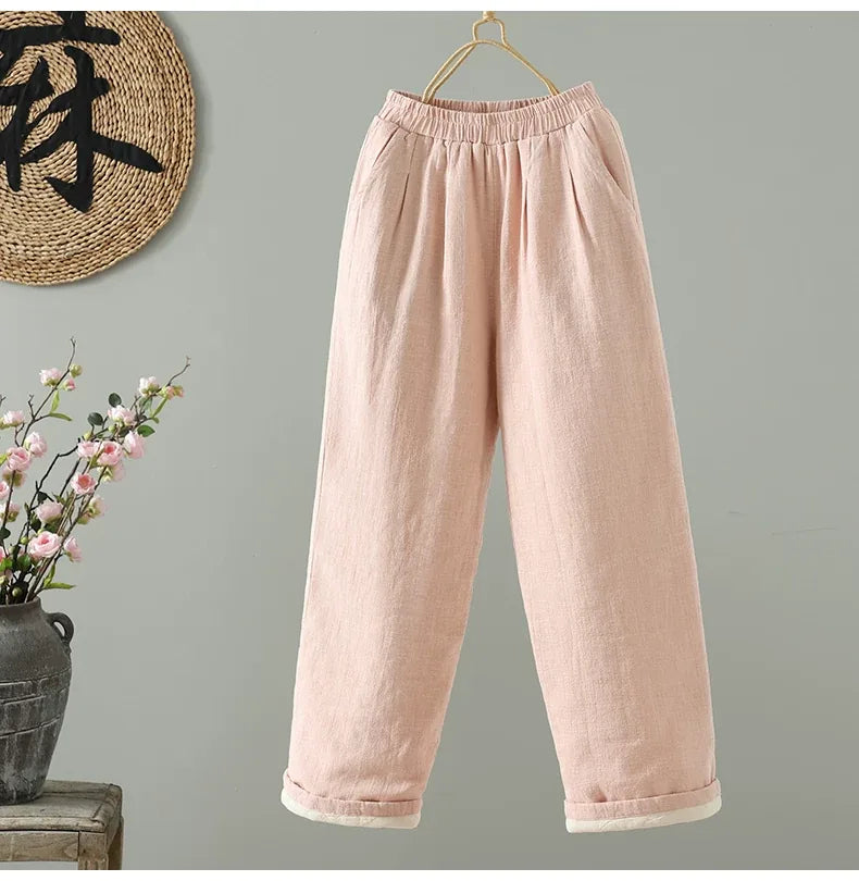 Padded Wide-Leg Pants with Turned-Up Cuffs