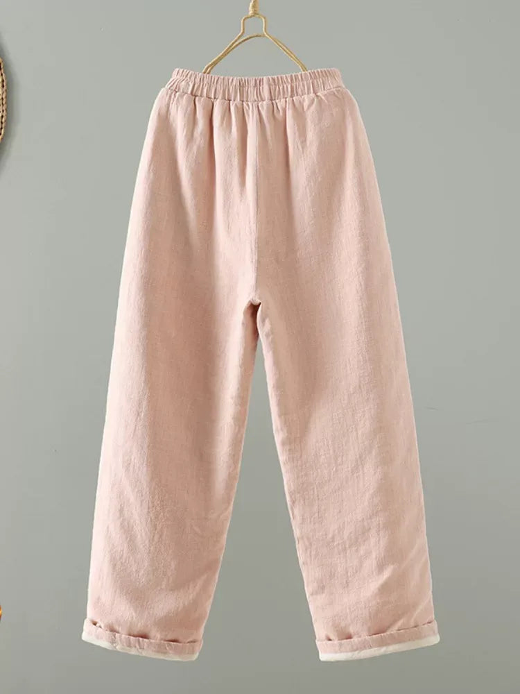 Padded Wide-Leg Pants with Turned-Up Cuffs