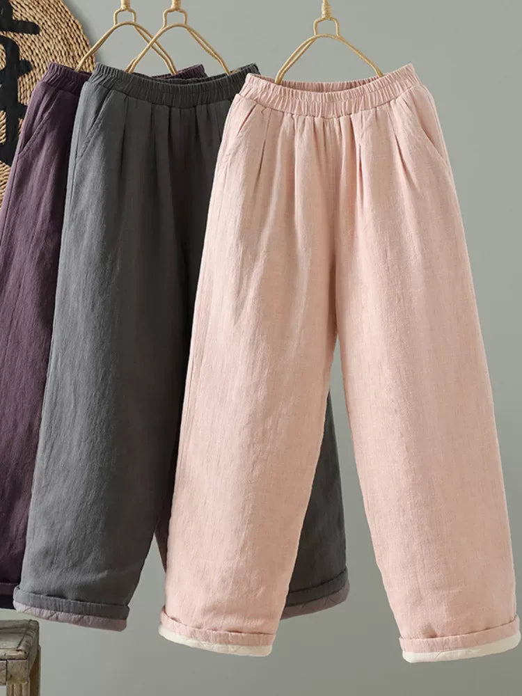 Padded Wide-Leg Pants with Turned-Up Cuffs